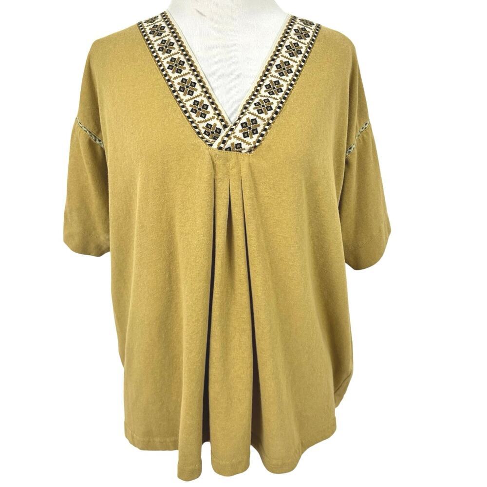 Easel Mustard Gold Embroidered V Neck Boho Cotton Tunic Top Relaxed S